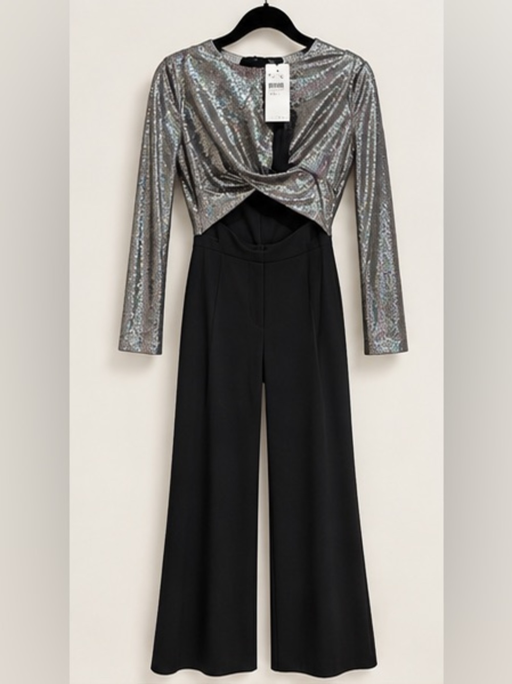 Black Halo Metallic Silver & Black Cutout Jumpsuit — Size 4 — NWT